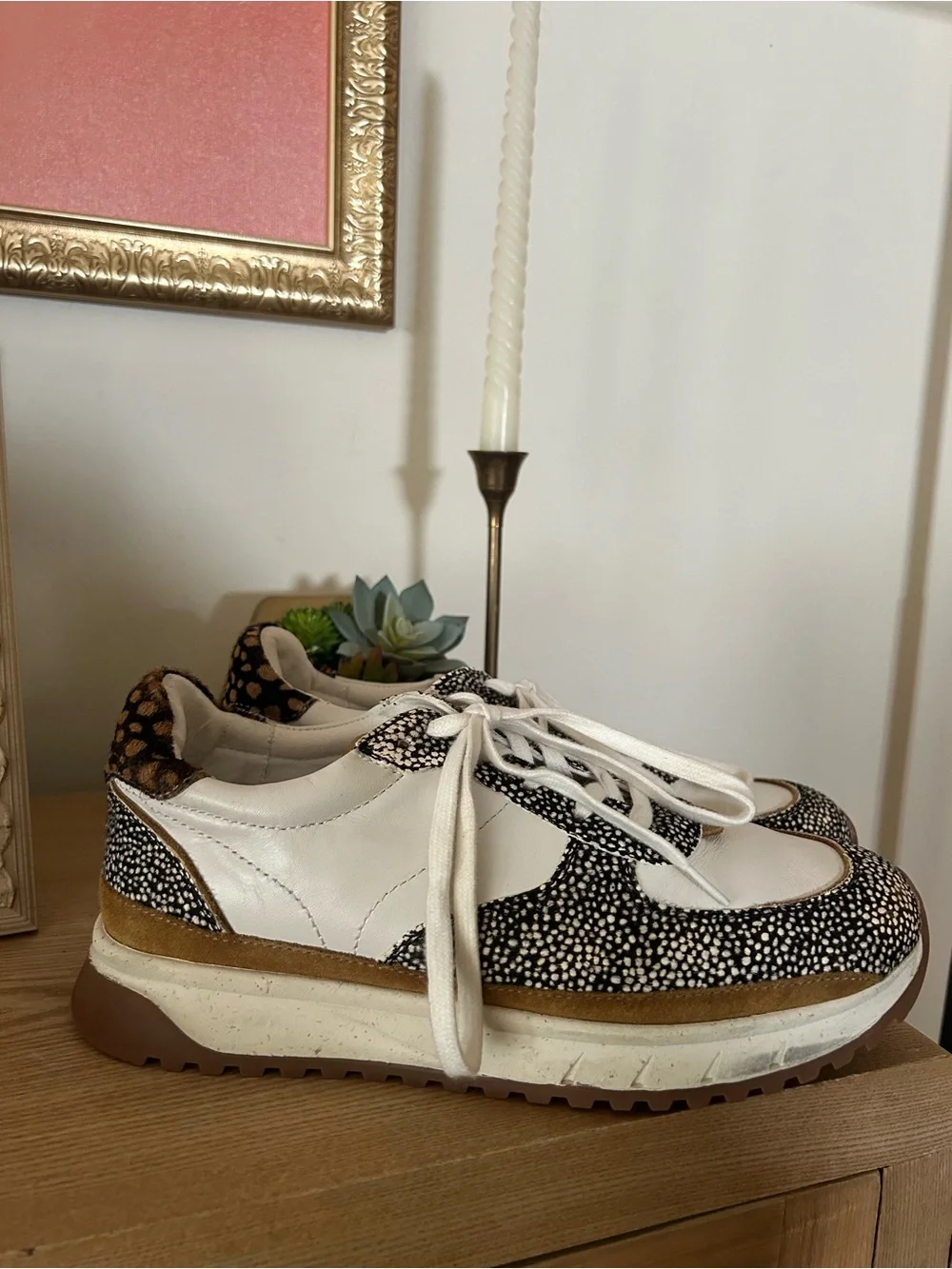 Madewell‎ Kickoff Trainer Sneakers Olive Grove Multi Leather Spots White Tan 9